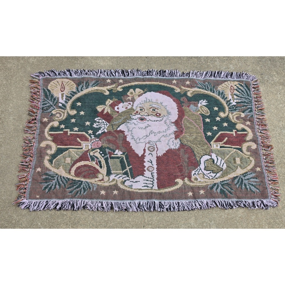 Vintage Ross B Smith Jolly Santa Woven Cotton Rug Tapestry Christmas 30x48 Multi